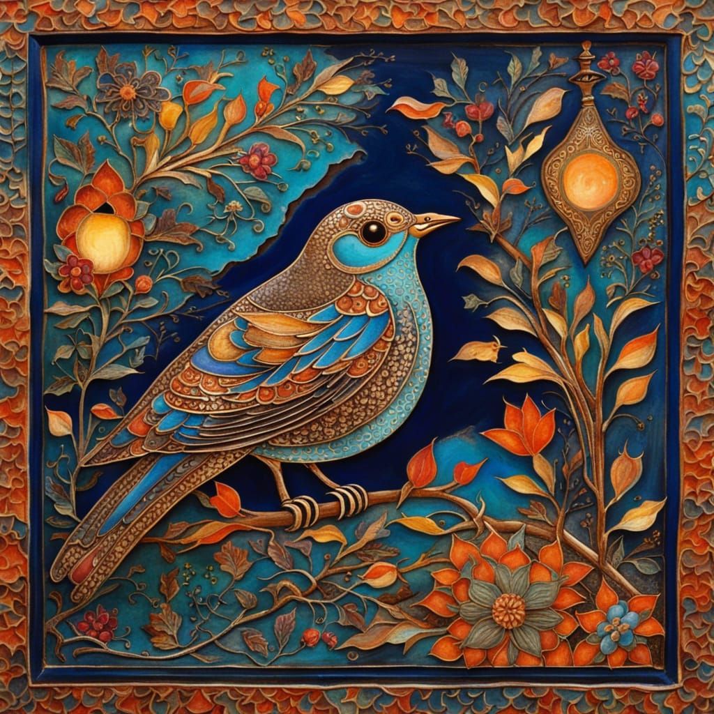 Nightingale's Song at Dusk in Persian Miniature Style