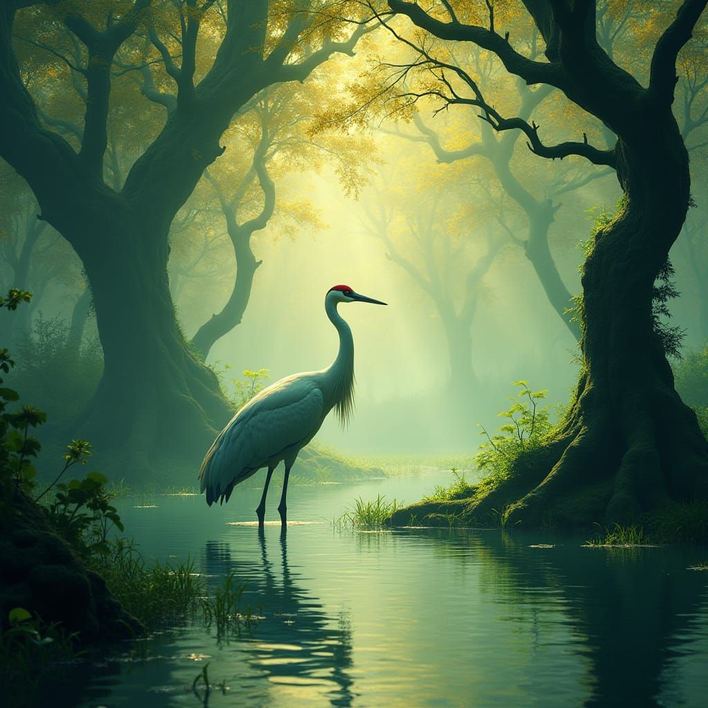 Majestic Crane in Ancient Cypress Swamp, Traditional Japanes...