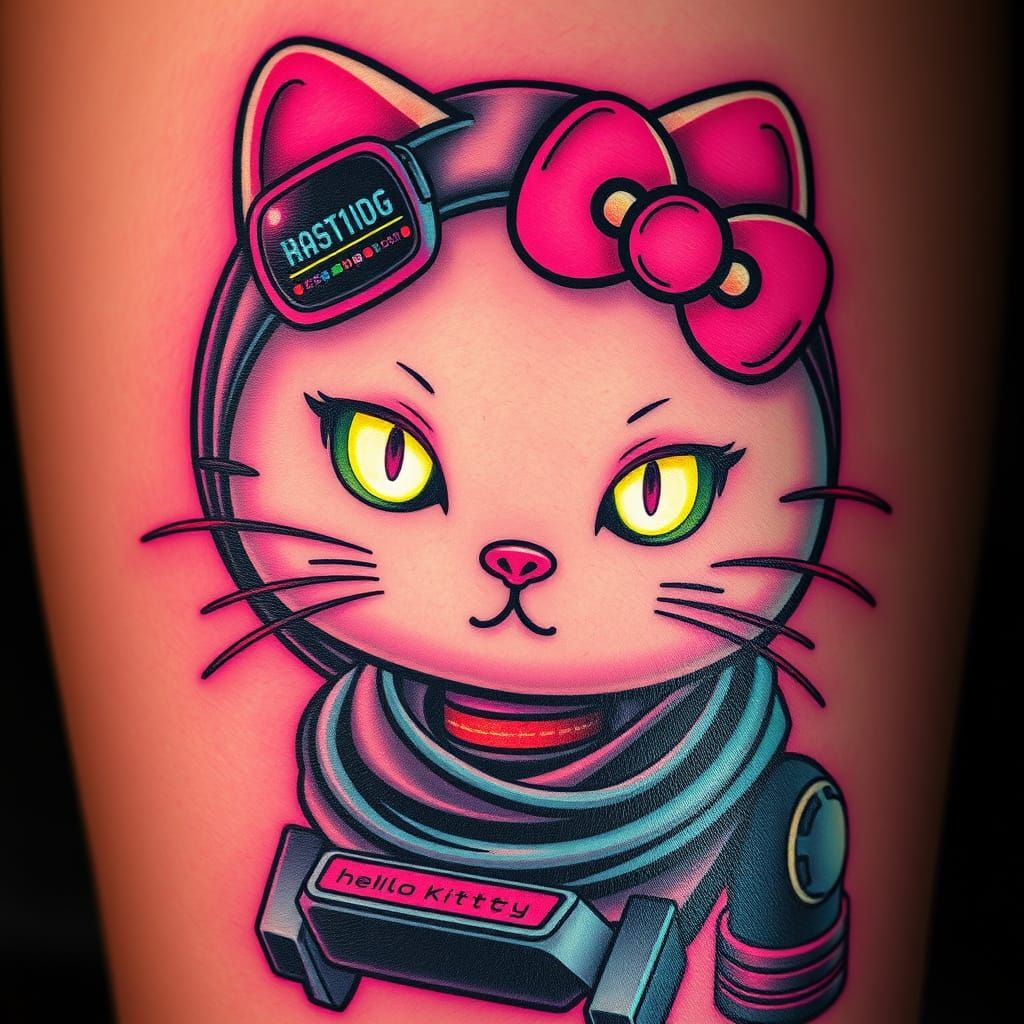 Cyberpunk Hello Kitty Tattoo with Neon Eyes