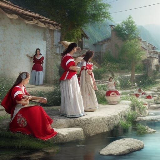 Idyllic Village Scene in Art Nouveau Style