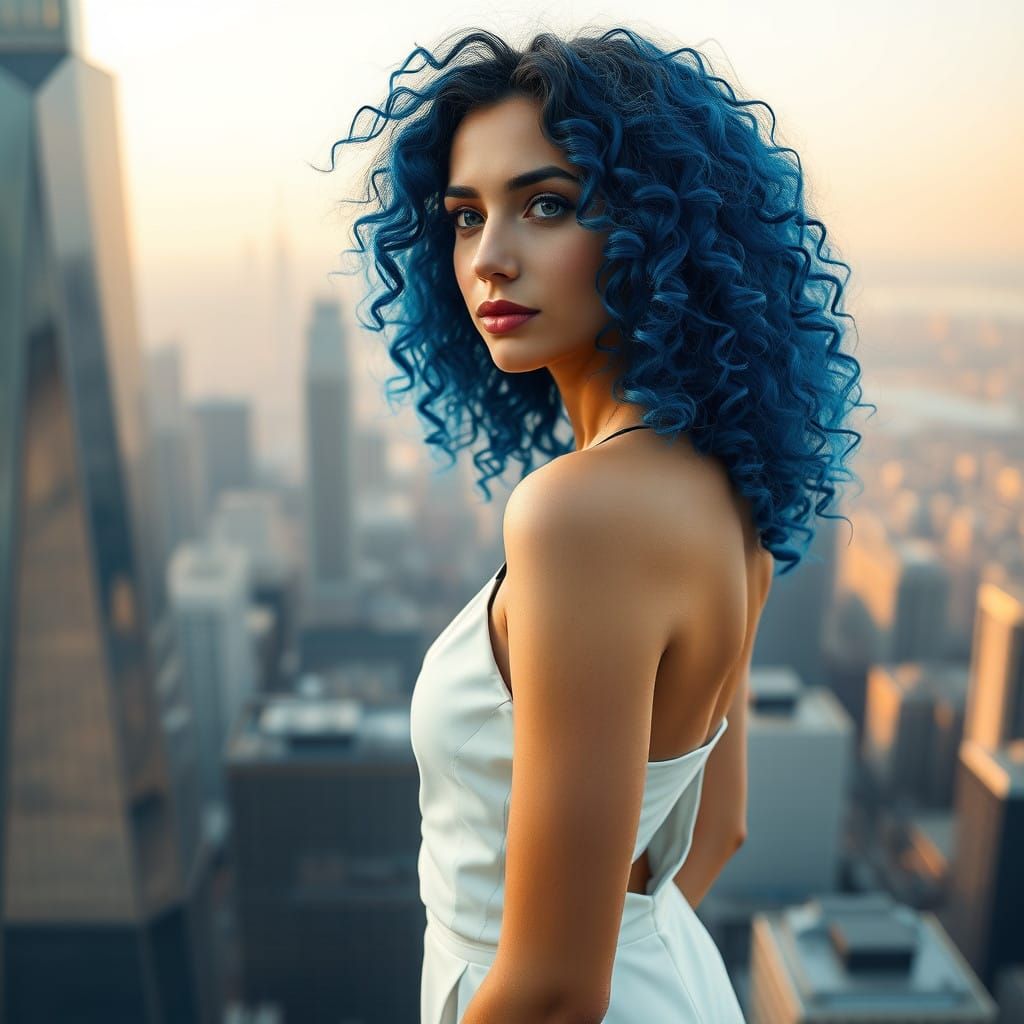 Elegant Woman Gazing Out at Cityscape in Modern Style