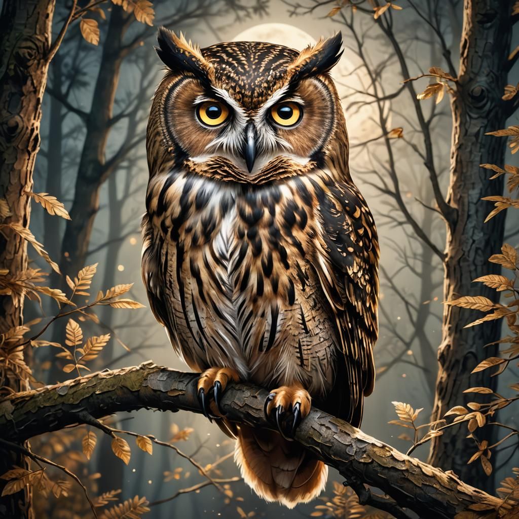 Whimsical Owl Portrait in Moonlit Forest