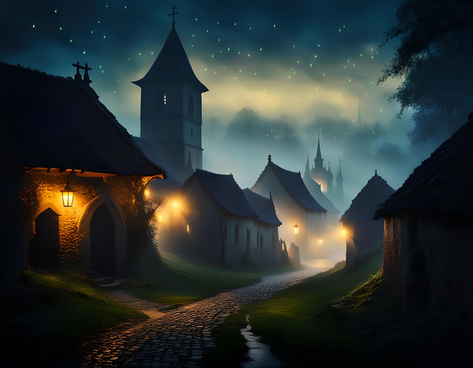 Mysterious Foggy Medieval Village at Night