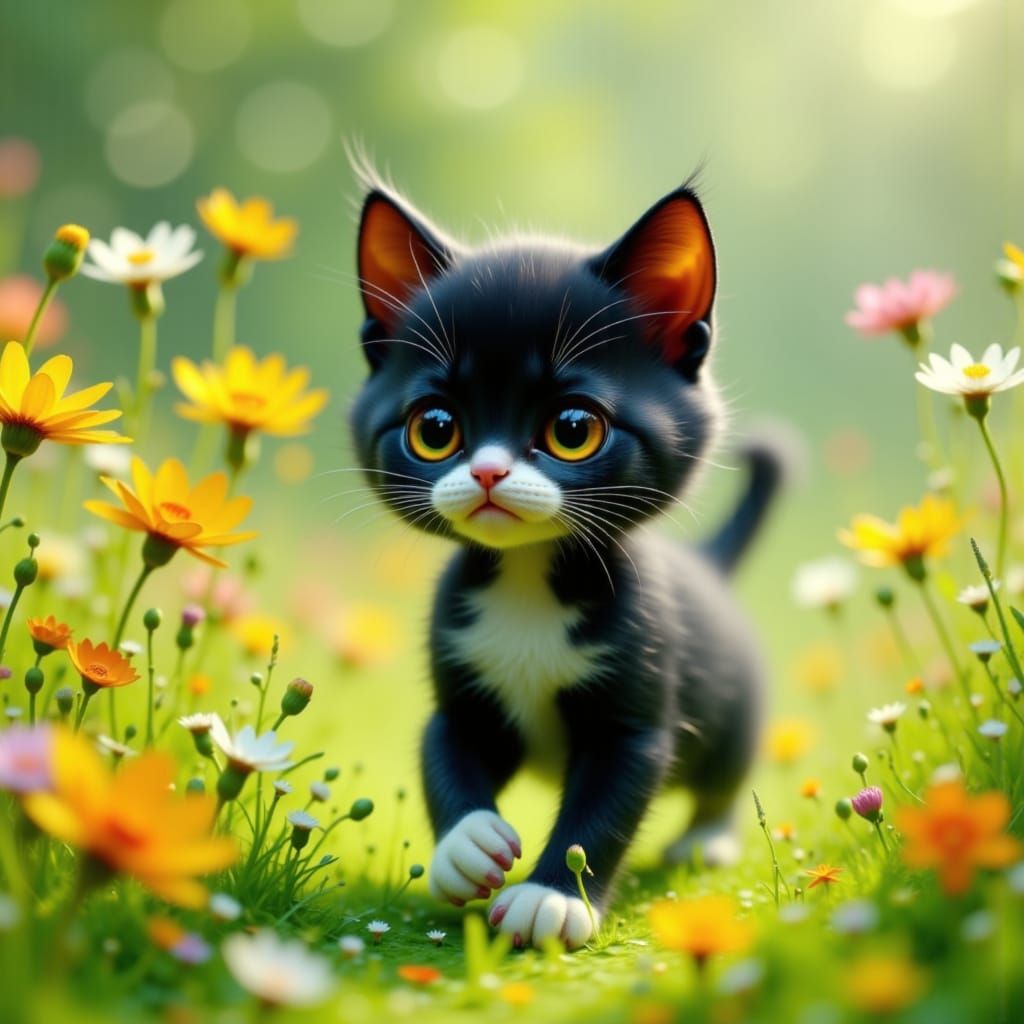 Adorable CGI Anthropomorphic Kitten Running in Wildflower Me...