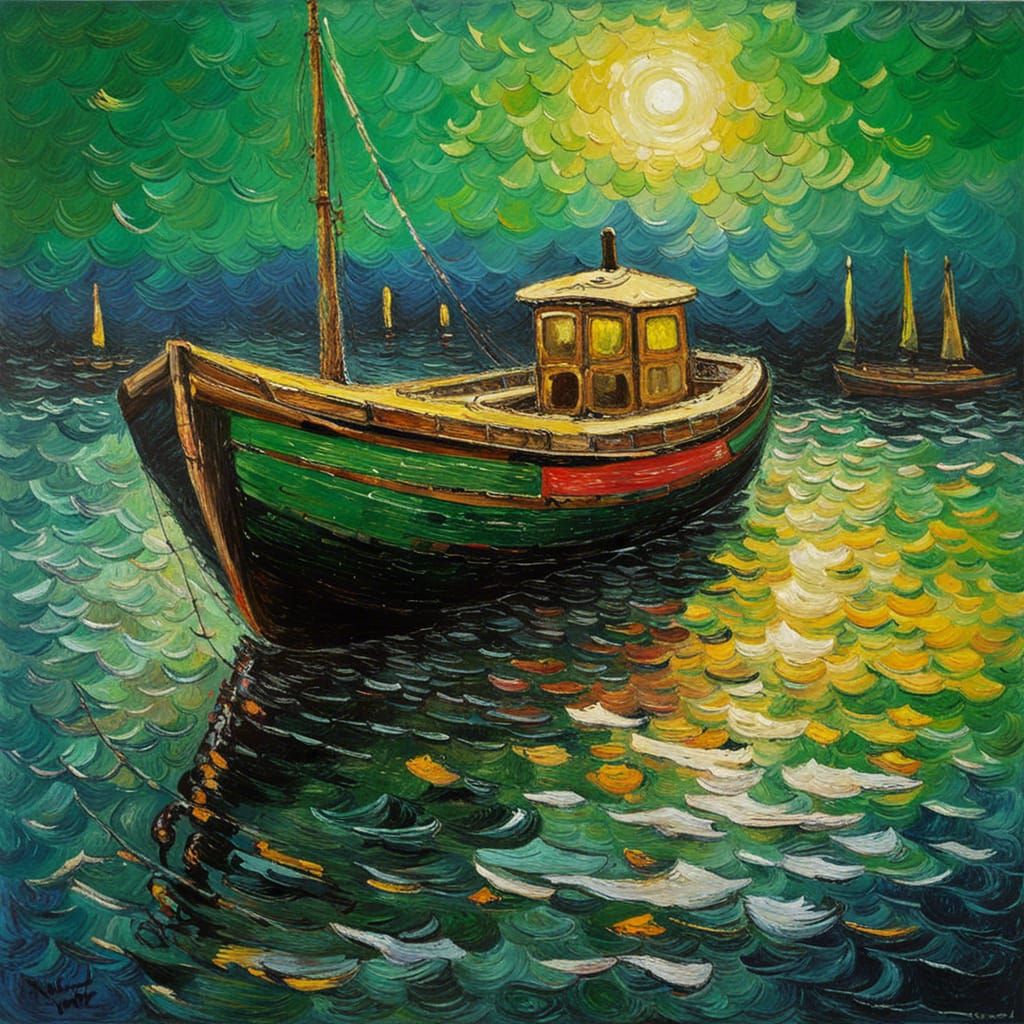 Illuminated Boat on Emerald Sea: Neo-Impressionist Oil Paint...