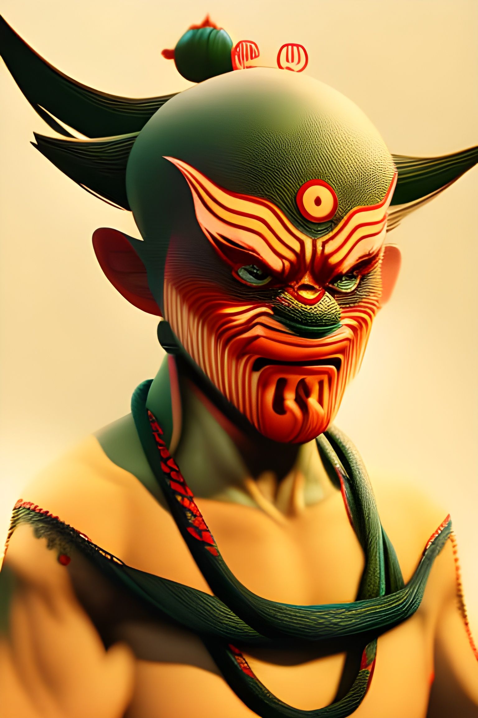 Detailed Yokai Face with Oni Mask in Ukiyo-e Style