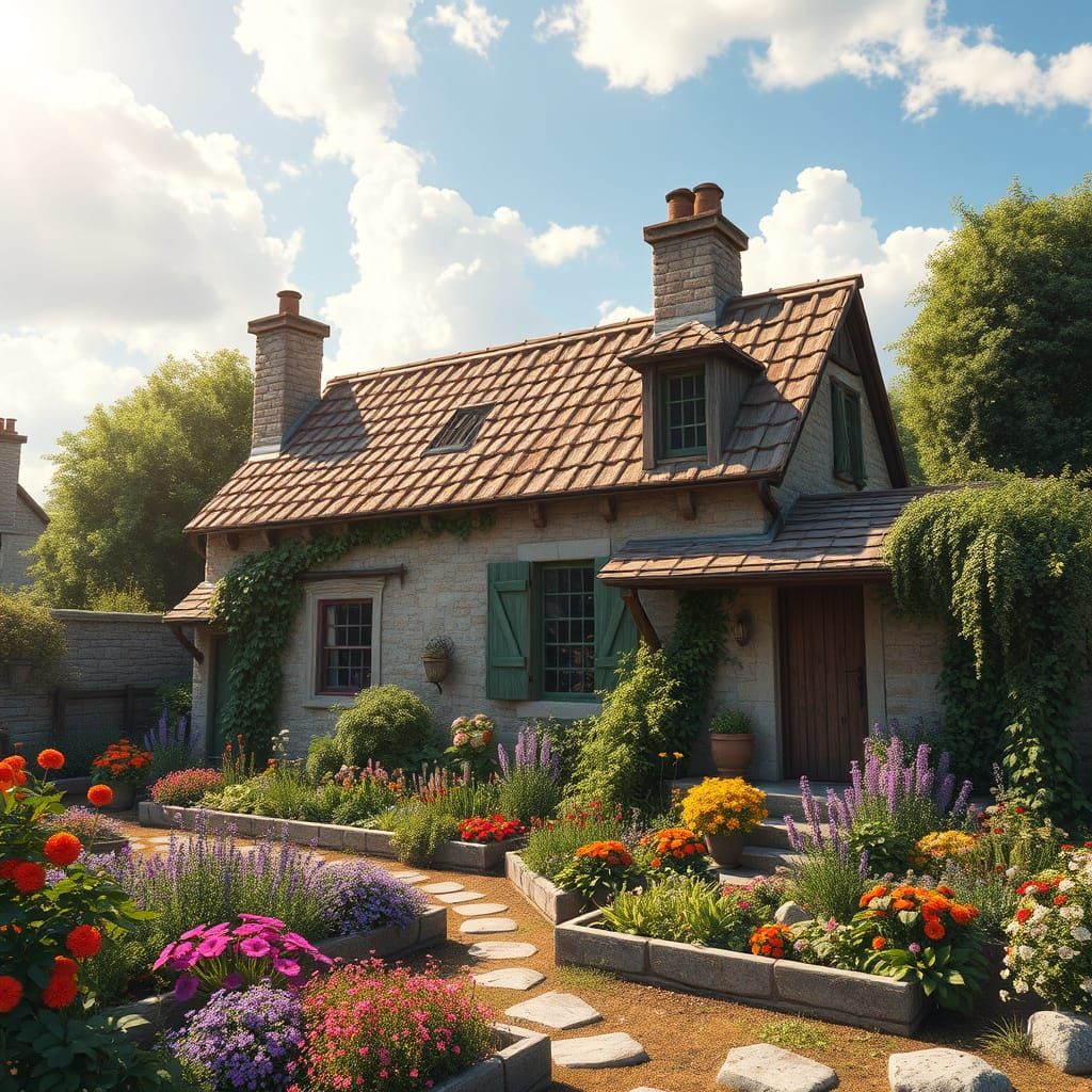 Whimsical Cottage Oasis in Vibrant, Dreamlike Garden