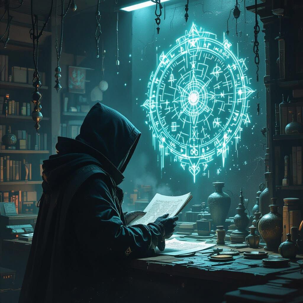 Mysterious Figure Deciphers Cryptic Message in Futuristic St...