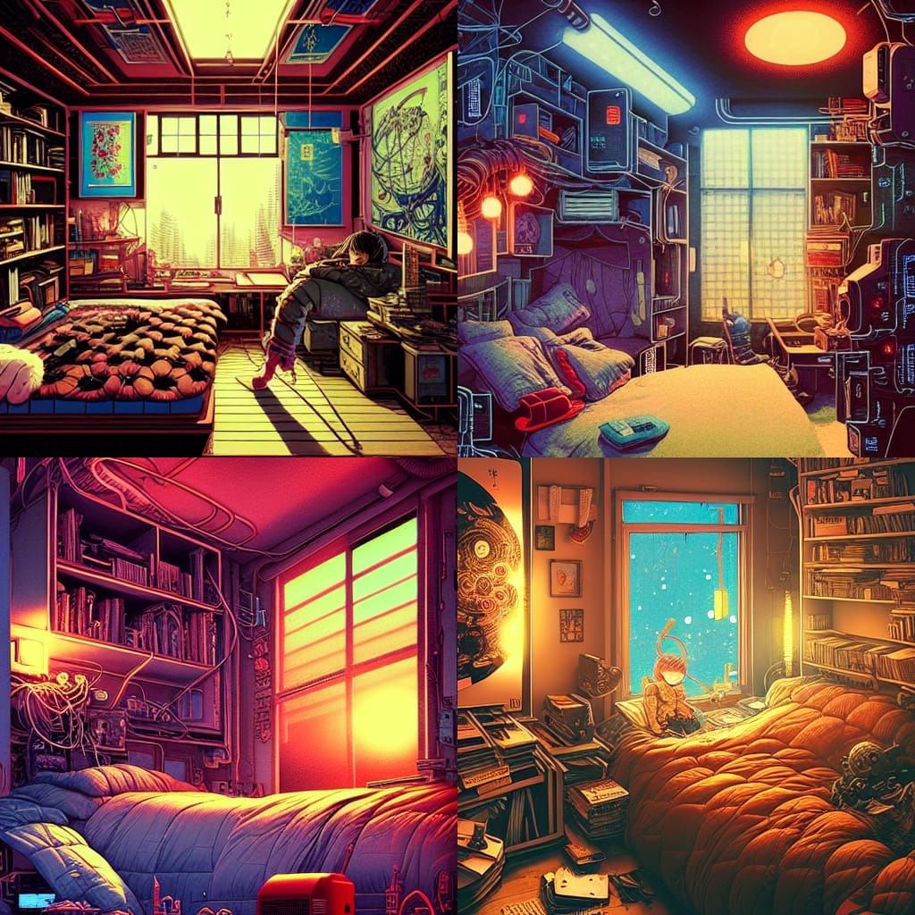Cozy Cyberpunk Bedroom Interior in Winter