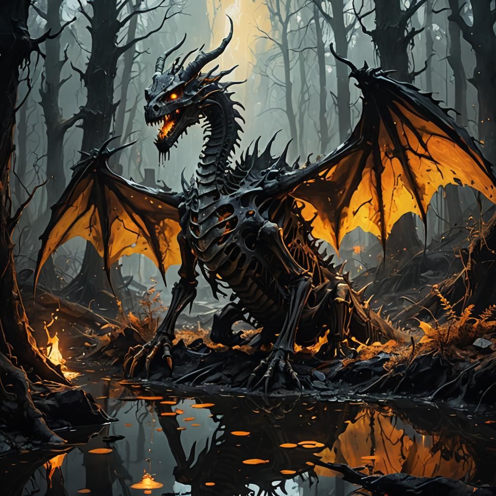 Dragon Skeleton Sinking into Tar Pool in Dark Fantasy Art