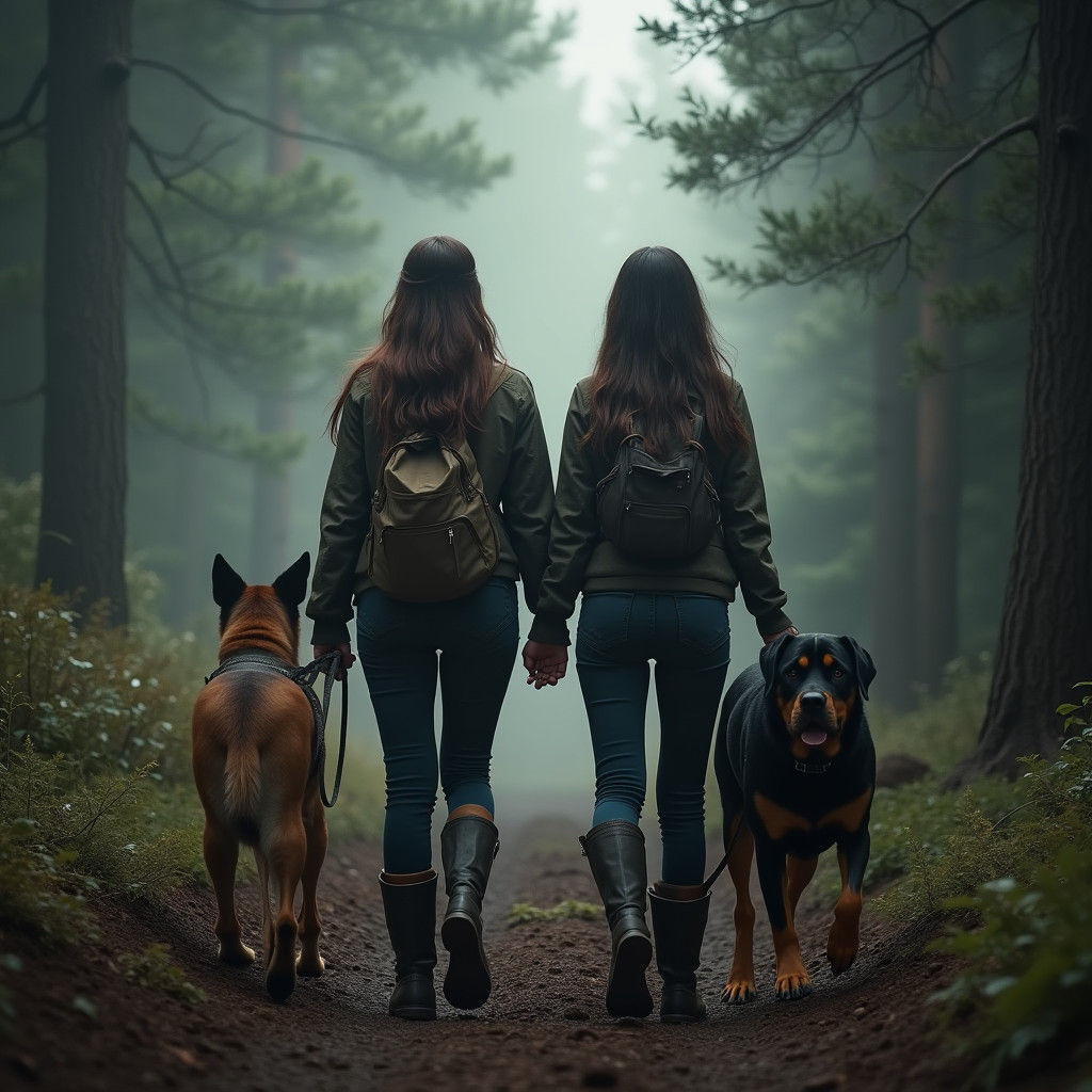 Women Hiking with Guard Dogs in Misty Forest