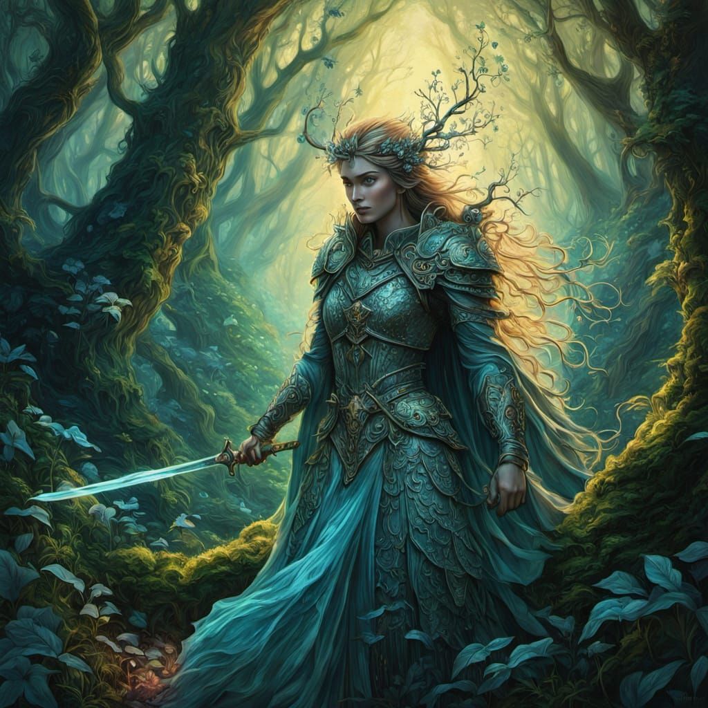 Fae Warrior Emerges from Ancient Forest in Painterly Style