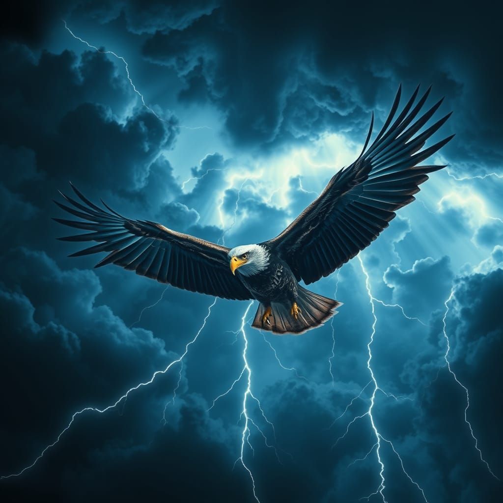 Majestic Eagle Soars Through Stormy Sky with Lightning