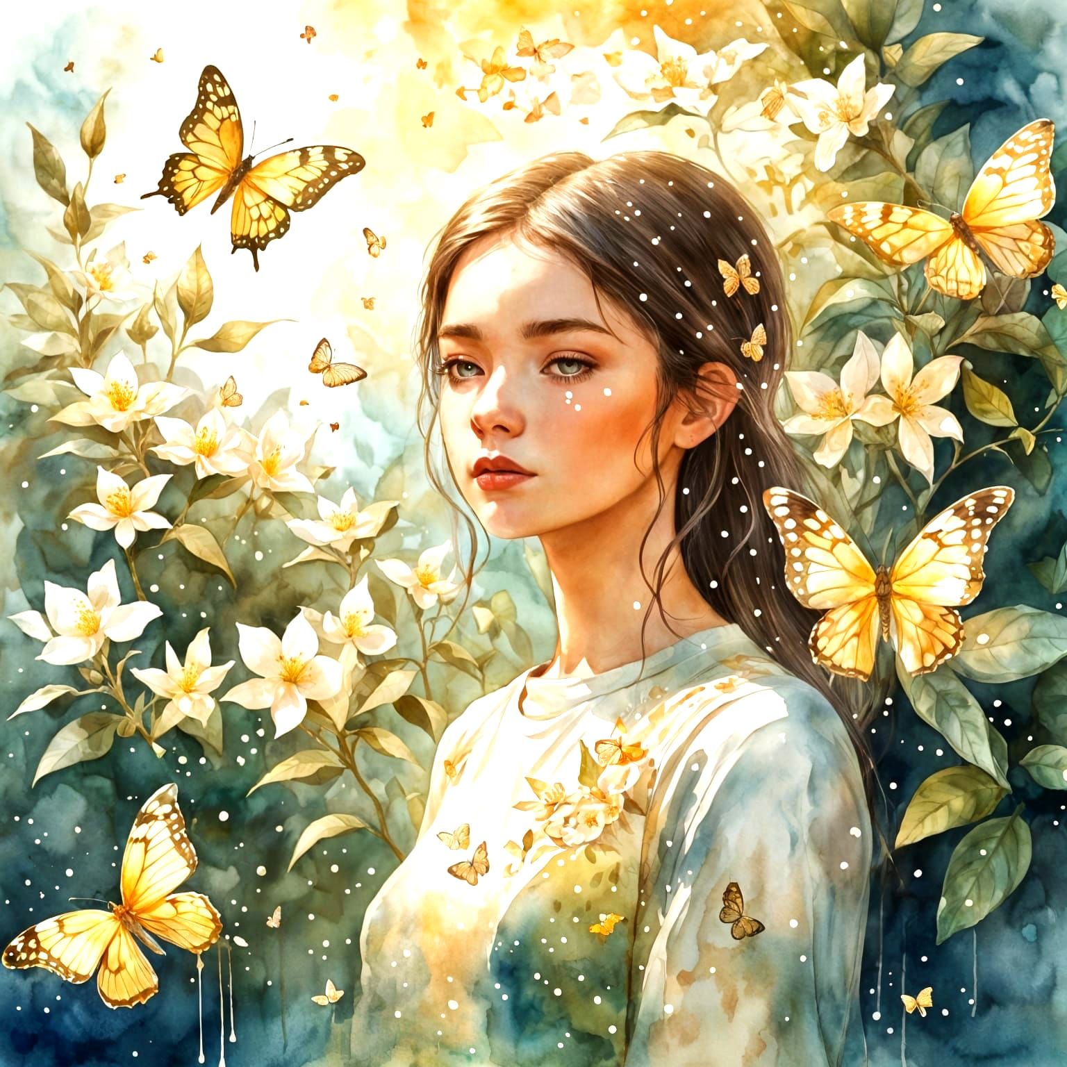 Dust Bowl Girl in Butterfly Jasmine Bush Watercolor