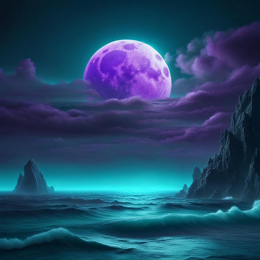 Mystical Ocean at Night with Teal Moon