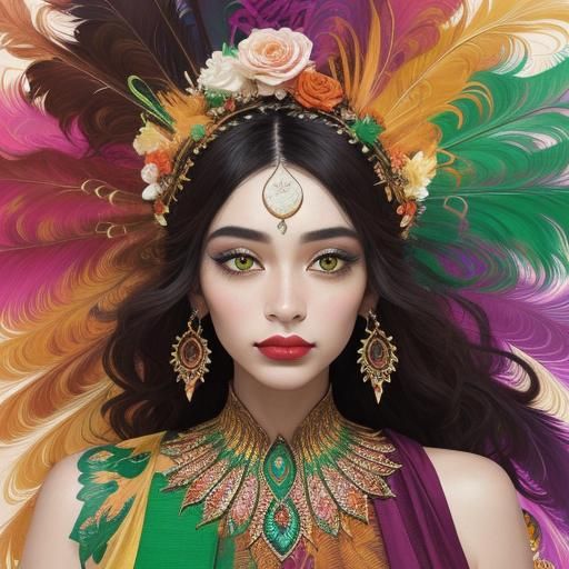 Abstract Portrait: Woman with Peacock Feathers and Flower Cr...