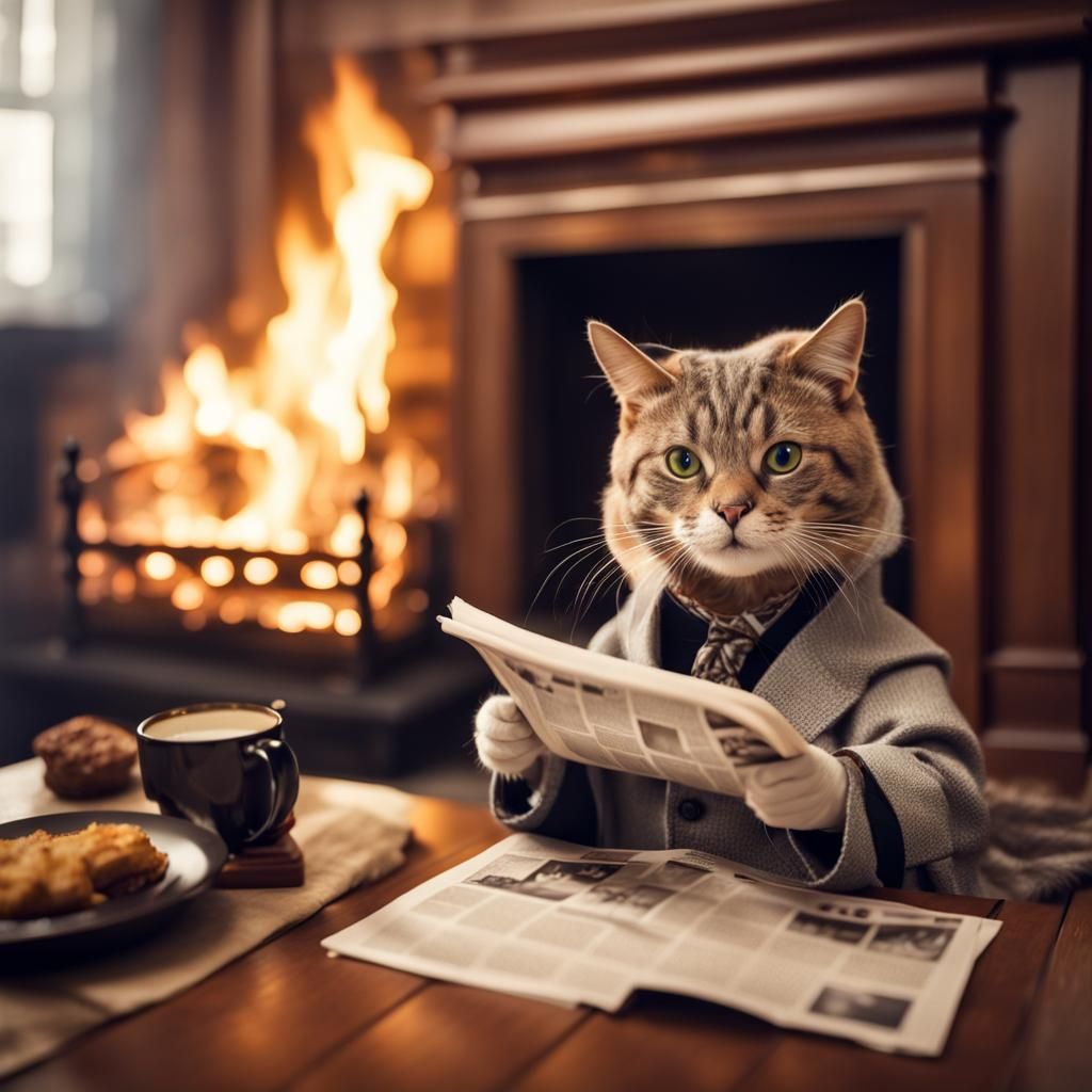 Cat as Sherlock Holmes Reading Newspaper
