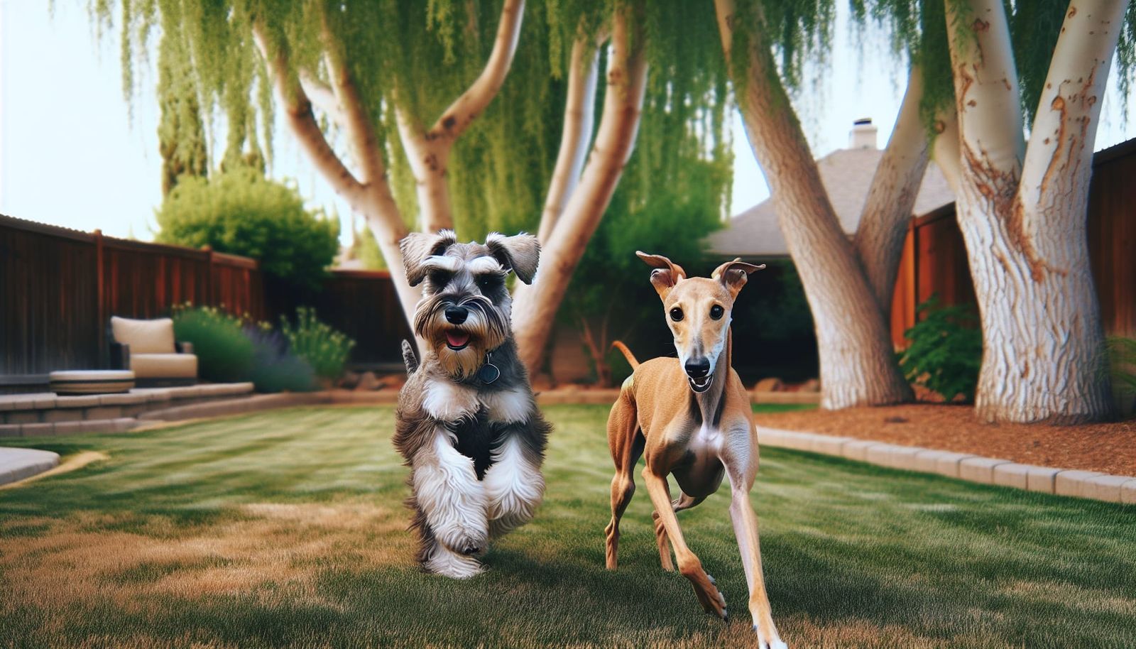 Dogs Playing in a Yard with Cottonwood Trees