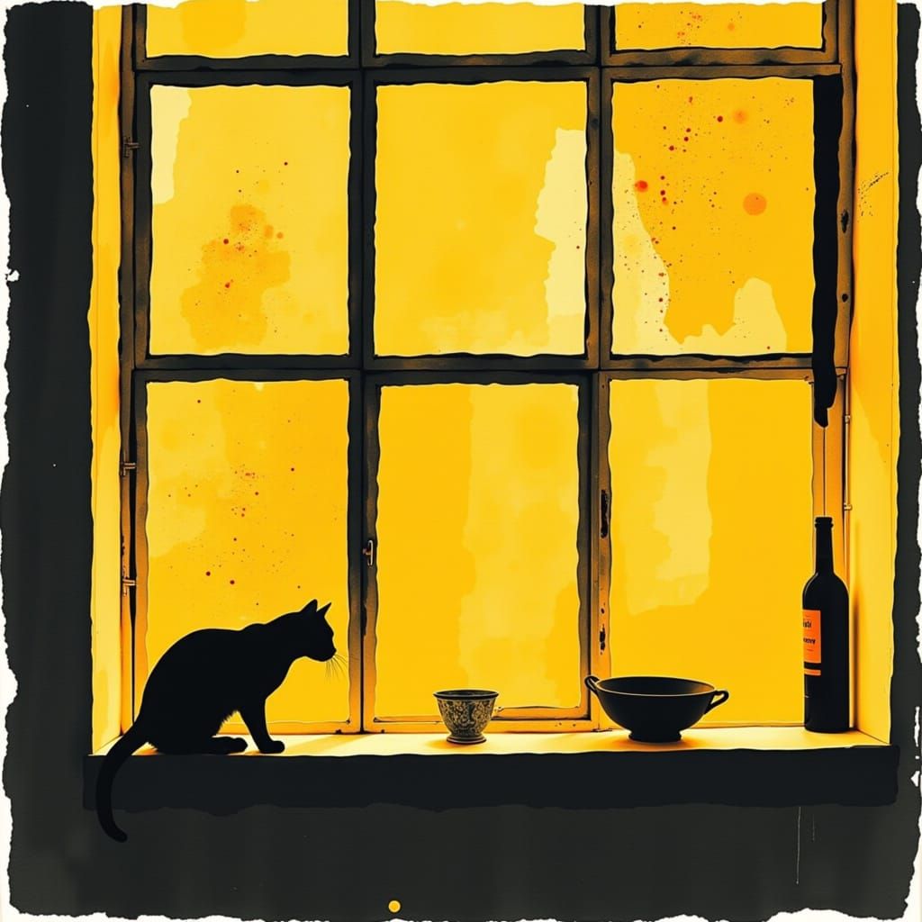 Golden Quiet Cat on Kitchen Window Sill