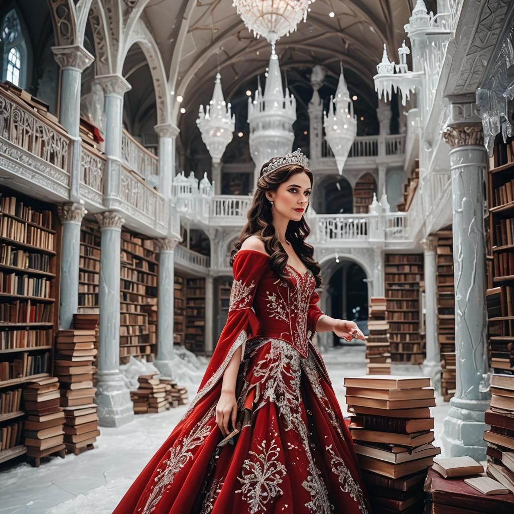 Ice Palace Princess in Red Gown with Books