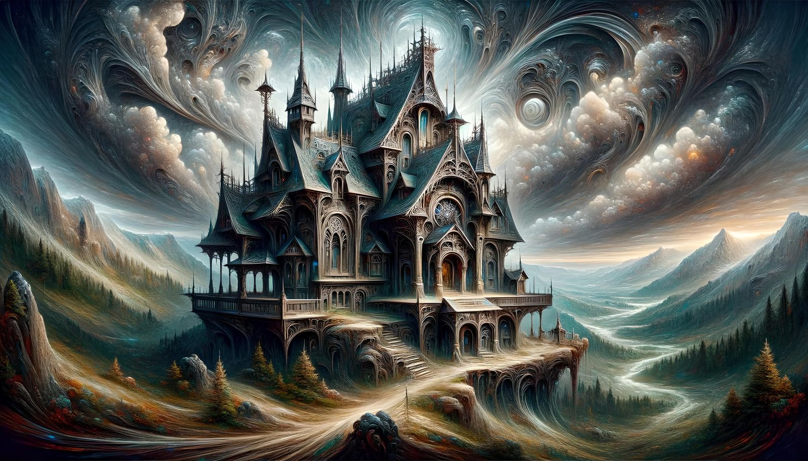 Gothic Stone Cabin in Surreal Landscape