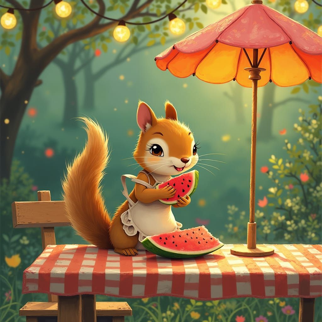 A Mischievous Squirrel on a picnic table eating a watermelon...