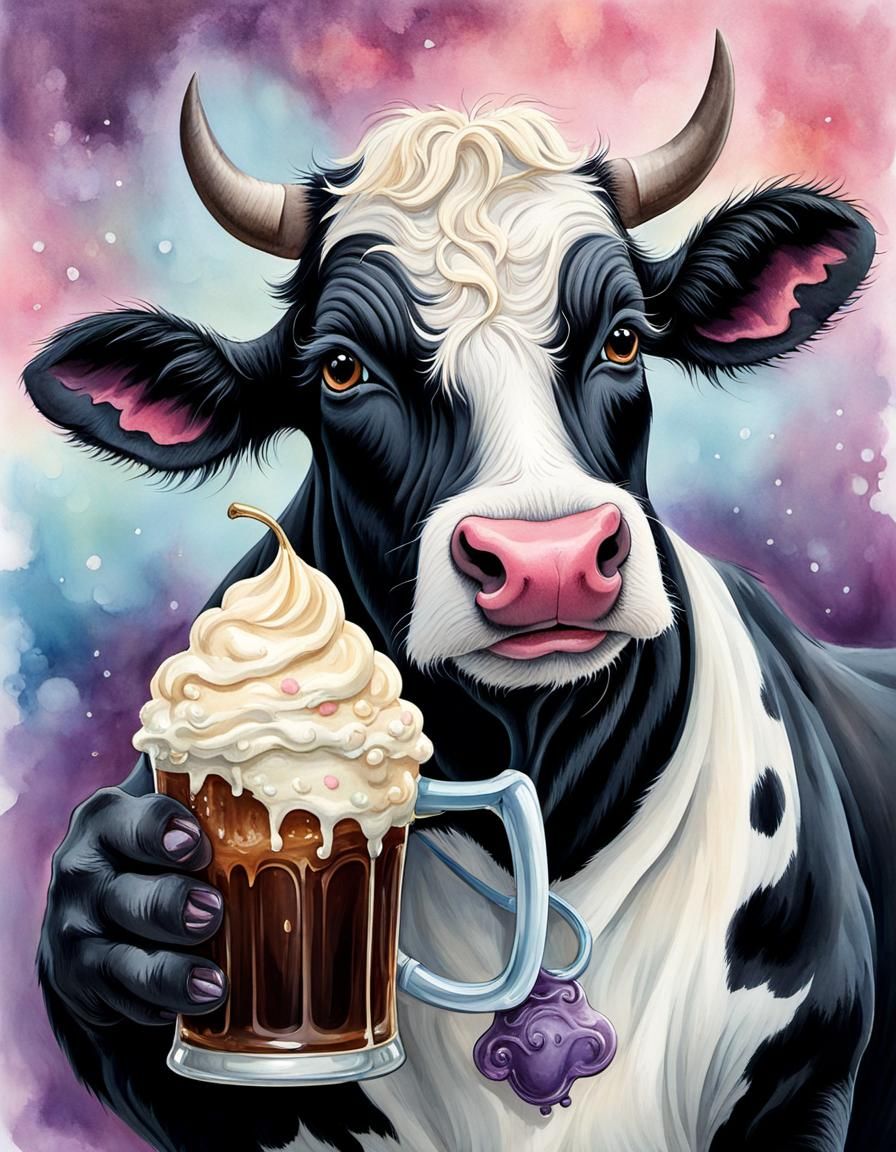 Whimsical Black Cow Portrait with Root Beer Float