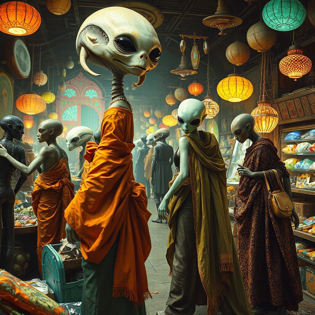 Exotic Alien Marketplace in Futuristic Style