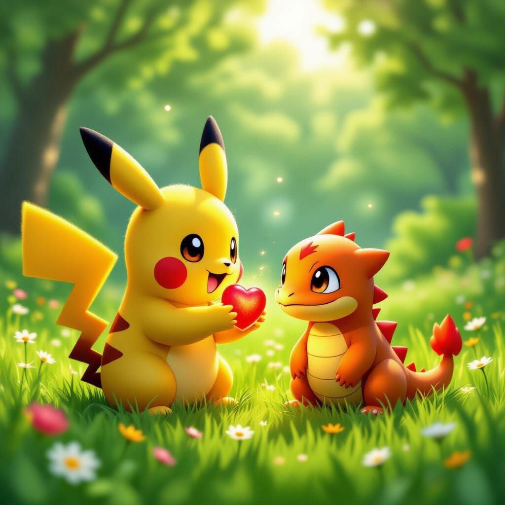 Pikachu Shares Glowing Berry With Charmander in Pixar Style