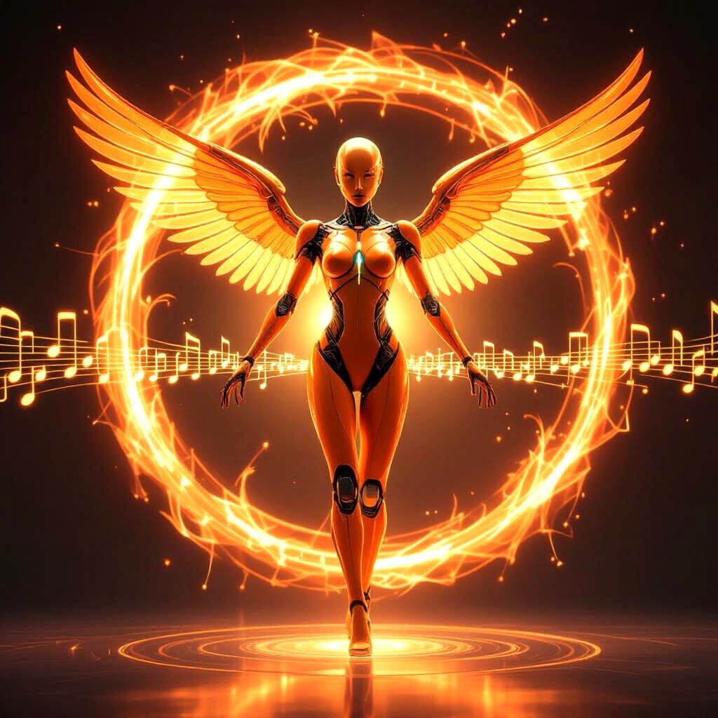Android Dancer in Orange Energy Field with Light Notes
