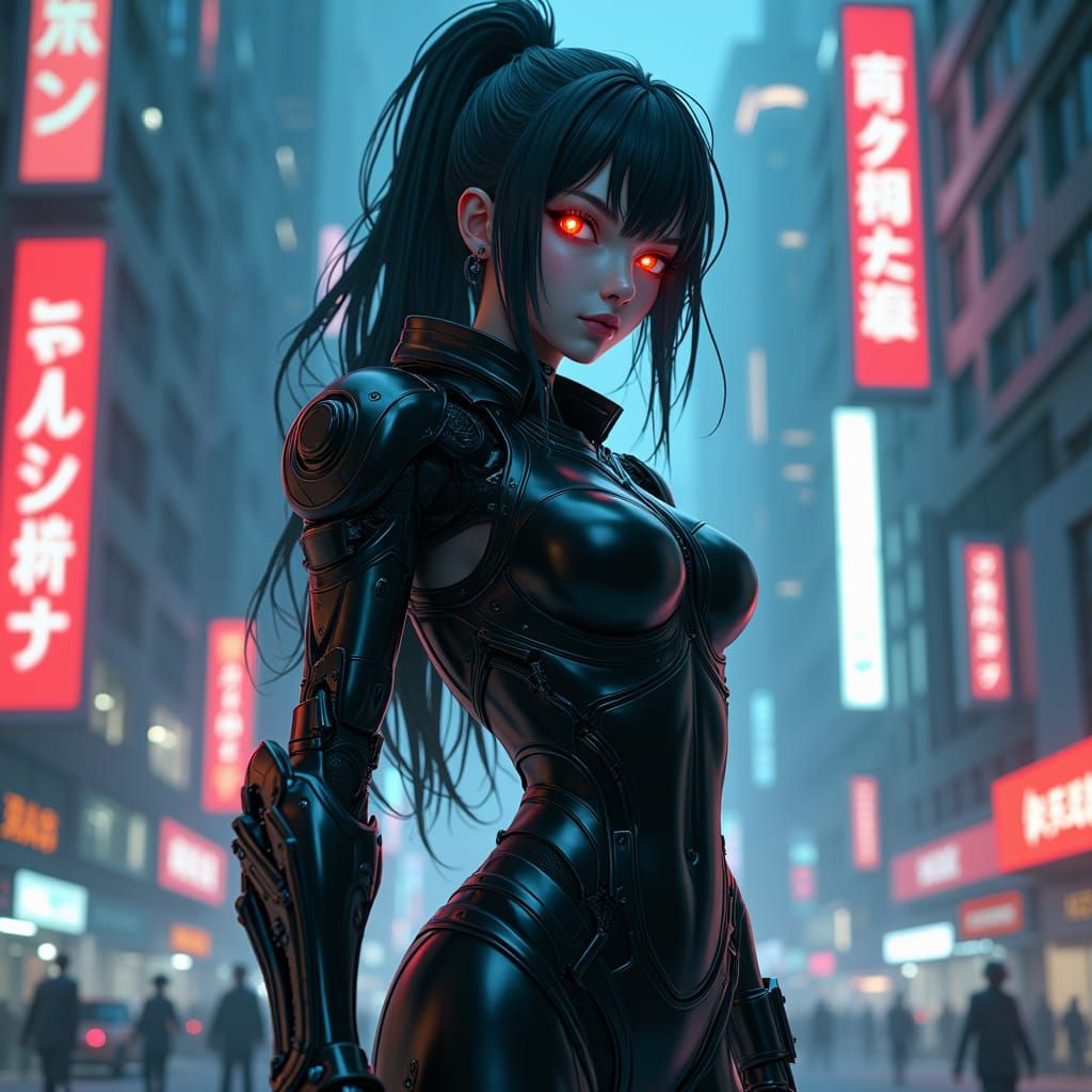 Anime Cyborg Girl in Neon Cityscape
