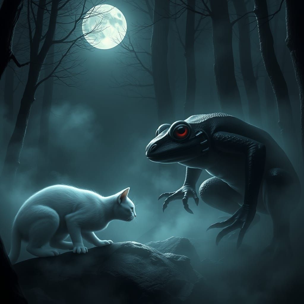 Cat and Frog Confrontation in Mist-Shrouded Forest
