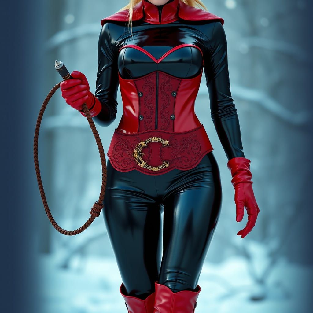 Sleek Fantasy Woman in Black Latex Catsuit with Red Accents