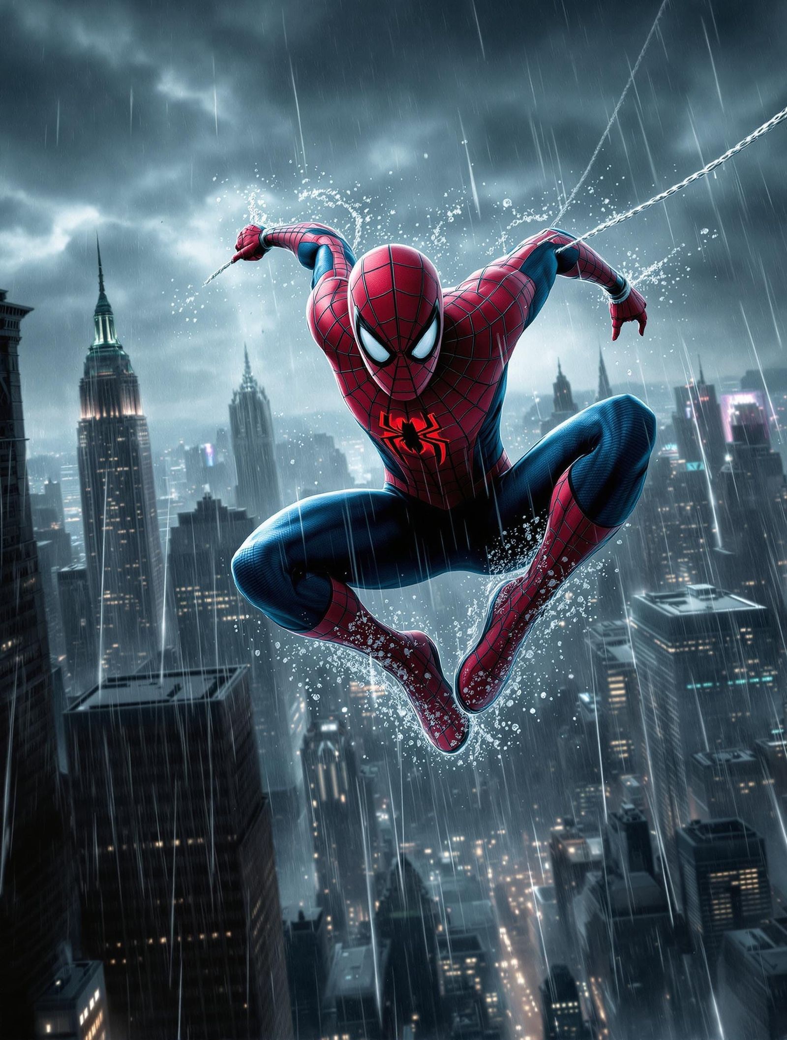 Spider-Man Soars Through the Stormy Cityscape