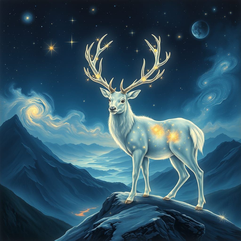 Ghost Deer with Constellation Antlers in Art Nouveau Style