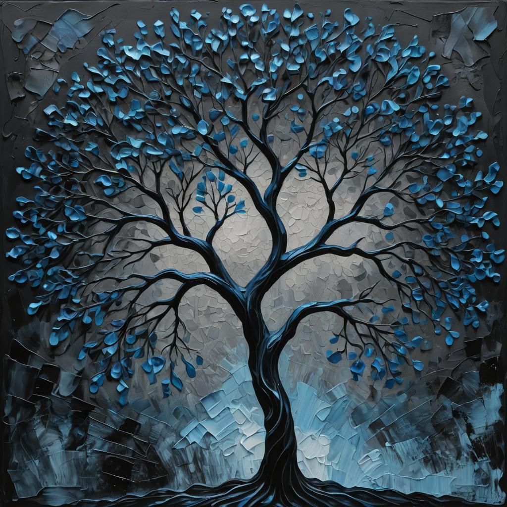 Abstract Blue Tree Impasto Painting on Black