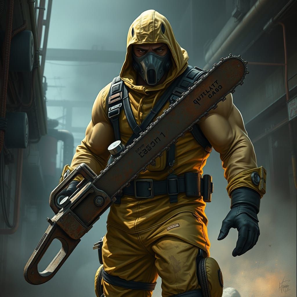 Gritty Dystopian Warrior in Hazmat Suit, Holding Chainsaw