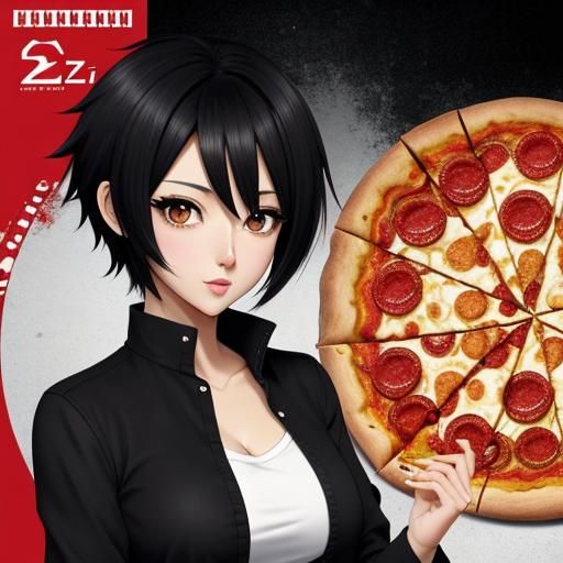 Chibi Girl Eats Pizza in Anime Style
