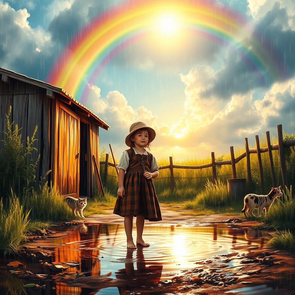 Children Gaze at Rainbow on Sunny Day