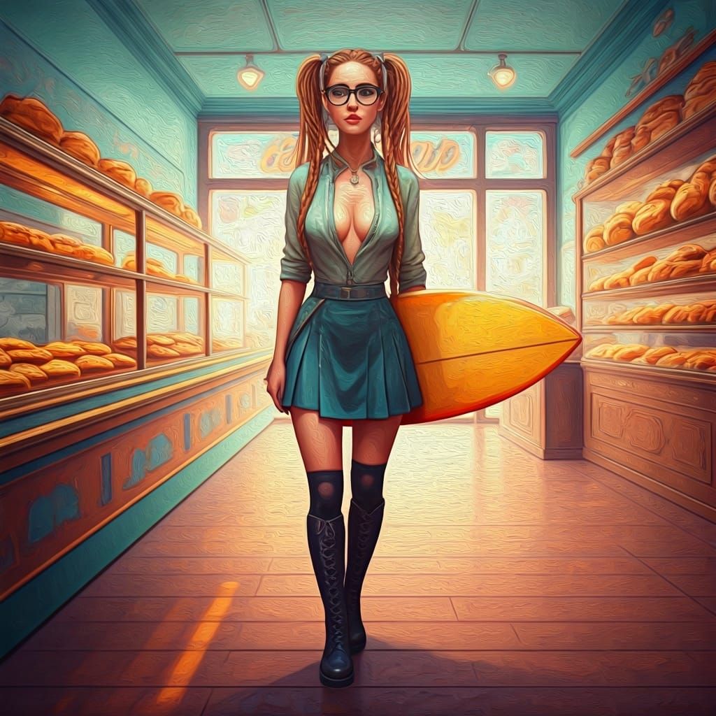 In a bakery with a surfboard