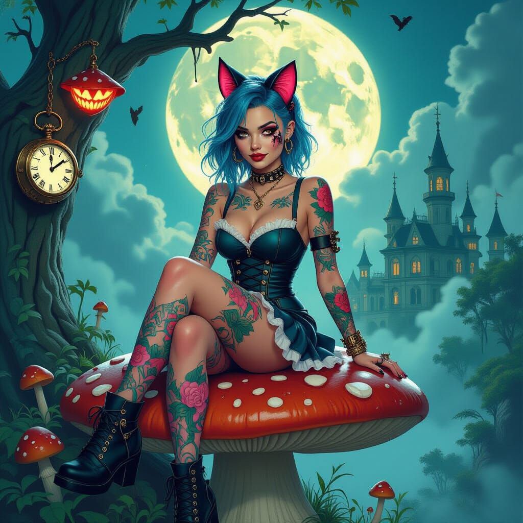 Punk Rock Alice on Mushroom, Dreamy Neon Artwork