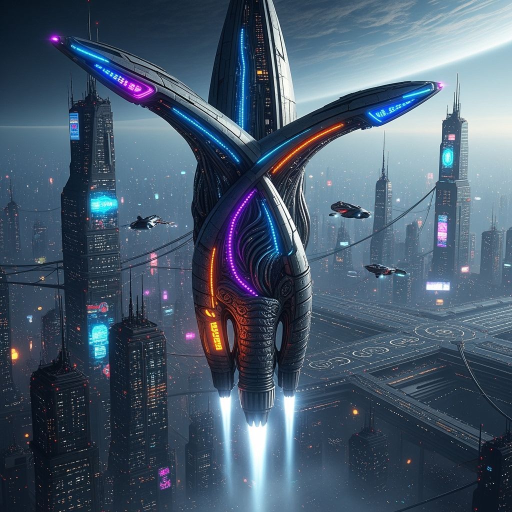 Futuristic Spaceship Lifts Off from Cyberpunk Planet