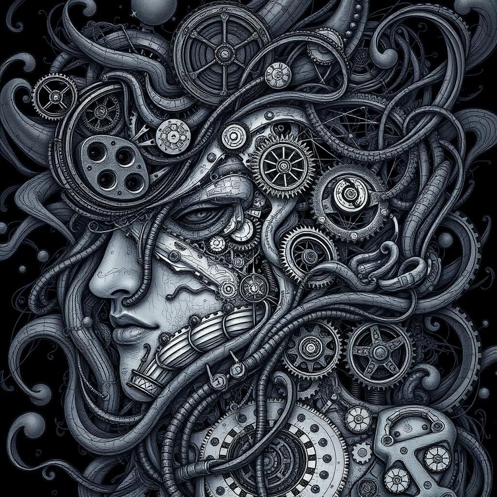 Mesmerizing Mechanical Vortex Portrait in Dark Style