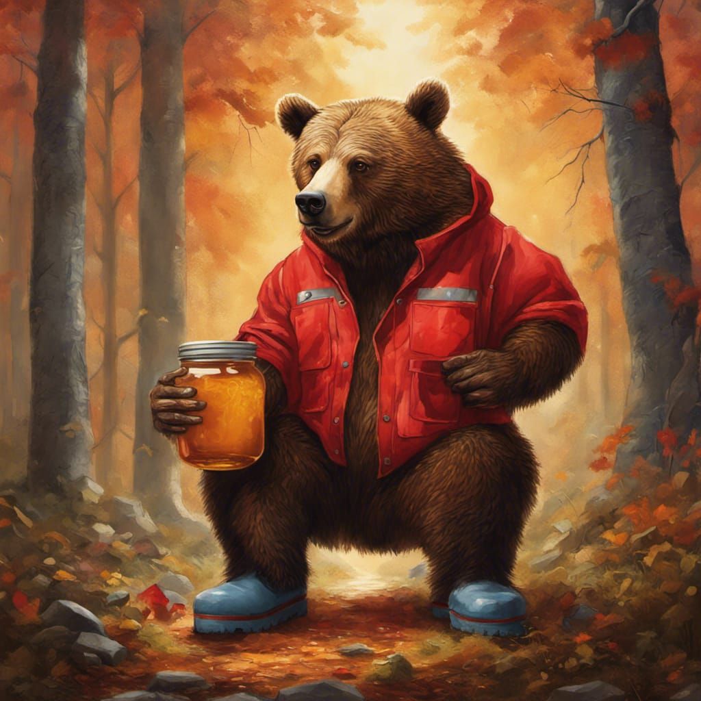 Bear in Red Vest with Honey, Hyperrealistic Art