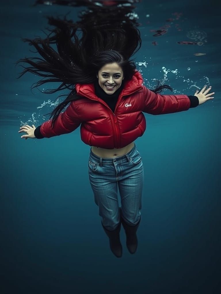 Dramatic Moment of a Brunette Woman Breaking the Surface