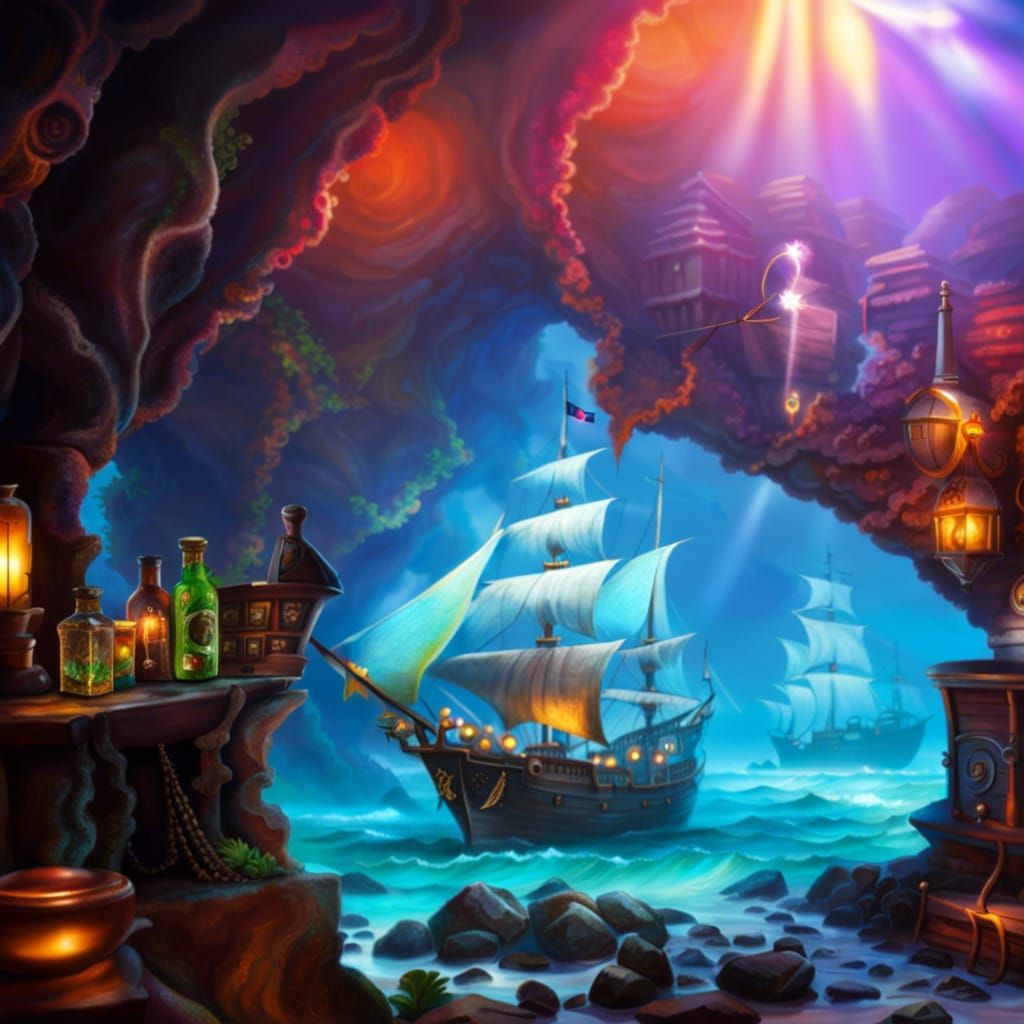Ornate Pirate Hideout with Treasure and Rum