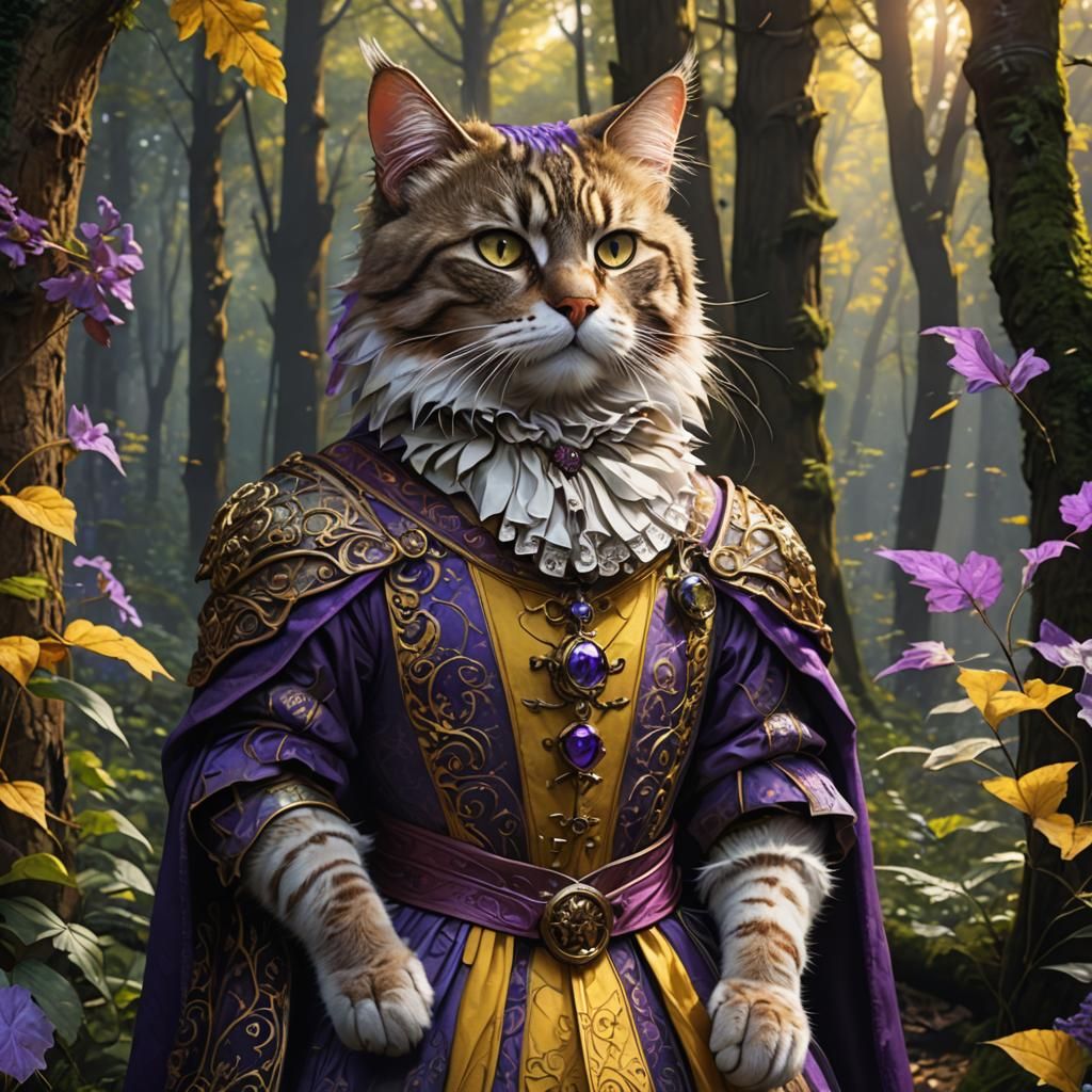 Renaissance Cat in Forest: Dark Fantasy Concept Art