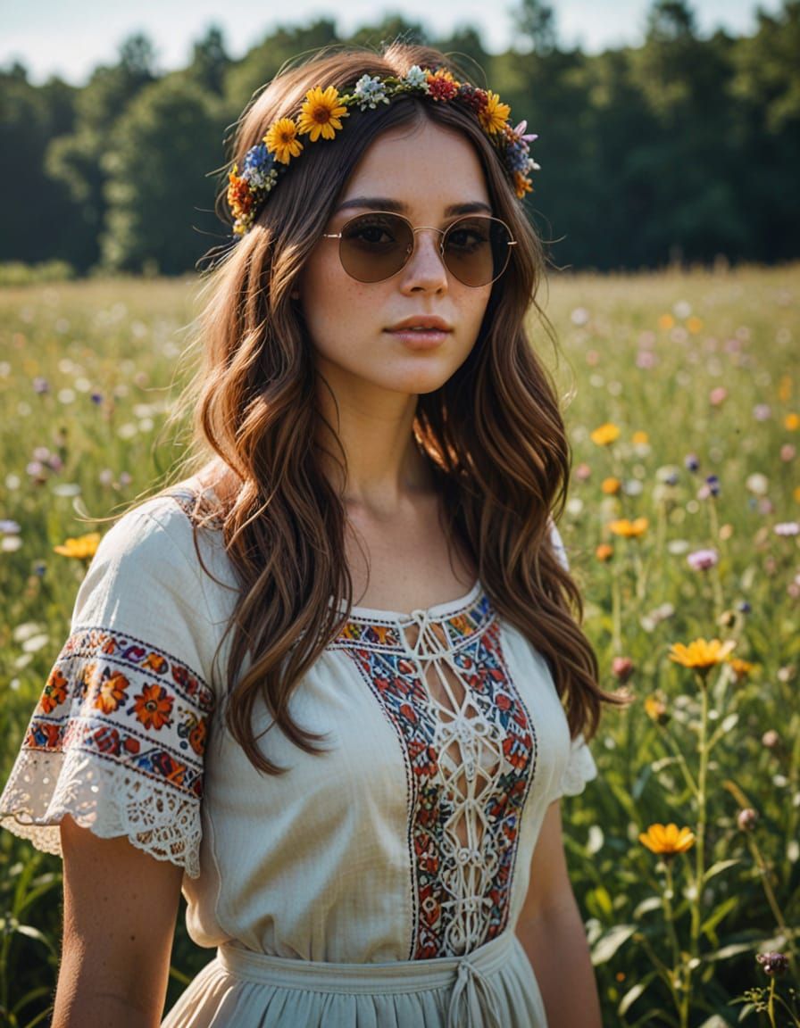 1960s Hippie Woman in Wildflower Meadow