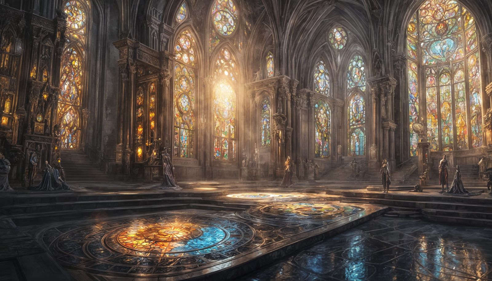 Robot in Stained Glass Gown Illuminated by Sunlight