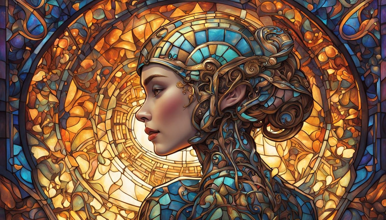 Robot in Stained Glass Gown Lit by Golden Hour Sunlight